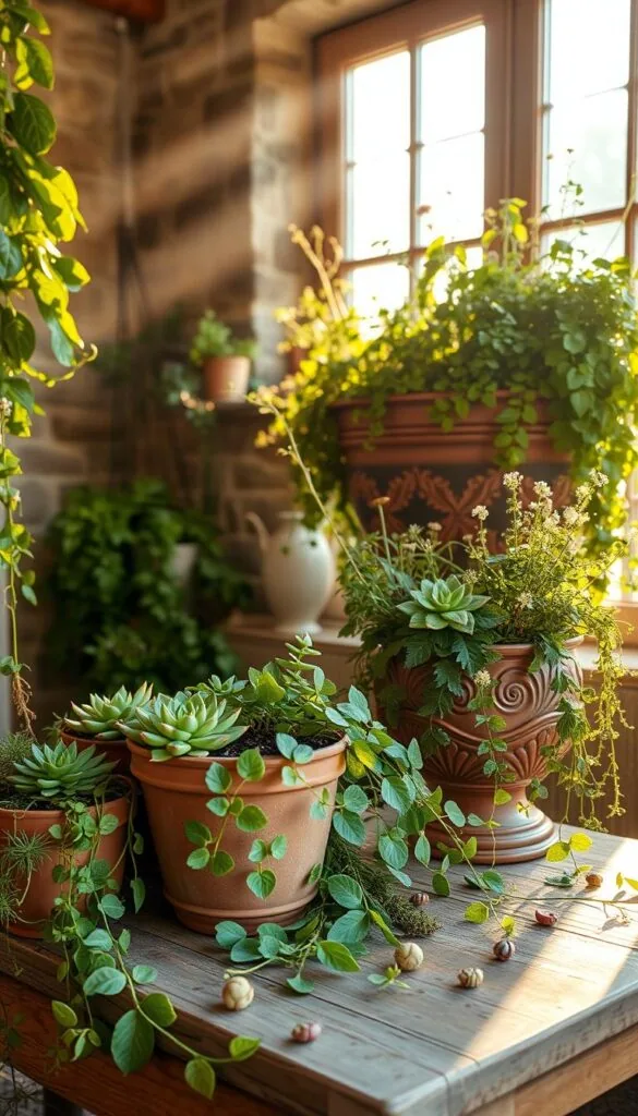 A cozy farmhouse-style arrangement of lush, verdant plants and natural elements, bathed in warm, soft lighting. In the foreground, a collection of potted succulents, ferns, and trailing vines cascade over a weathered wooden table. In the middle ground, a large, ornate ceramic planter overflows with fragrant herbs and delicate wildflowers. The background features a rustic stone wall, partially obscured by the verdant foliage, creating a sense of depth and a seamless integration of the indoors and outdoors. Rays of golden-hour sunlight filter through large windows, casting a serene, naturalistic glow throughout the scene. The overall atmosphere evokes a sense of tranquility, and a harmonious blending of nature and modern farmhouse aesthetics. A cozy farmhouse-style arrangement of lush, verdant plants and natural elements, bathed in warm, soft lighting. In the foreground, a collection of potted succulents, ferns, and trailing vines cascade over a weathered wooden table. In the middle ground, a large, ornate ceramic planter overflows with fragrant herbs and delicate wildflowers. The background features a rustic stone wall, partially obscured by the verdant foliage, creating a sense of depth and a seamless integration of the indoors and outdoors. Rays of golden-hour sunlight filter through large windows, casting a serene, naturalistic glow throughout the scene. The overall atmosphere evokes a sense of tranquility, and a harmonious blending of nature and modern farmhouse aesthetics.
