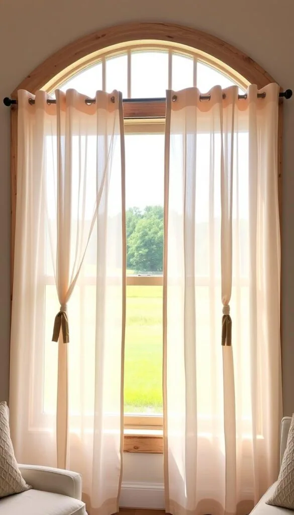 A cozy farmhouse-style living room with a large, inviting window. The window frame is made of weathered wood, complementing the room's rustic charm. Sheer, flowing curtains in a soft, neutral color gently sway in the breeze, casting a warm, diffused light throughout the space. The curtains are accented with simple, wooden tie-backs, adding a touch of farmhouse elegance. The window provides a picturesque view of a lush, green landscape outside, blending the indoor and outdoor spaces seamlessly. The overall scene exudes a sense of tranquility and comfort, perfectly capturing the essence of modern farmhouse living. A cozy farmhouse-style living room with a large, inviting window. The window frame is made of weathered wood, complementing the room's rustic charm. Sheer, flowing curtains in a soft, neutral color gently sway in the breeze, casting a warm, diffused light throughout the space. The curtains are accented with simple, wooden tie-backs, adding a touch of farmhouse elegance. The window provides a picturesque view of a lush, green landscape outside, blending the indoor and outdoor spaces seamlessly. The overall scene exudes a sense of tranquility and comfort, perfectly capturing the essence of modern farmhouse living.