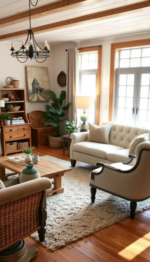 A cozy farmhouse-style living room with natural wood furniture, plush textiles, and rustic accents. A distressed wooden coffee table, a tufted linen sofa, and a vintage armchair are positioned around a plush area rug. Warm, soft lighting from a wrought-iron floor lamp creates a welcoming ambiance. Large windows allow ample natural light to flood the space, complementing the neutral color palette. Decorative elements like woven baskets, potted plants, and farmhouse-inspired wall art add charm and character to the budget-friendly, yet stylish room. A cozy farmhouse-style living room with natural wood furniture, plush textiles, and rustic accents. A distressed wooden coffee table, a tufted linen sofa, and a vintage armchair are positioned around a plush area rug. Warm, soft lighting from a wrought-iron floor lamp creates a welcoming ambiance. Large windows allow ample natural light to flood the space, complementing the neutral color palette. Decorative elements like woven baskets, potted plants, and farmhouse-inspired wall art add charm and character to the budget-friendly, yet stylish room.