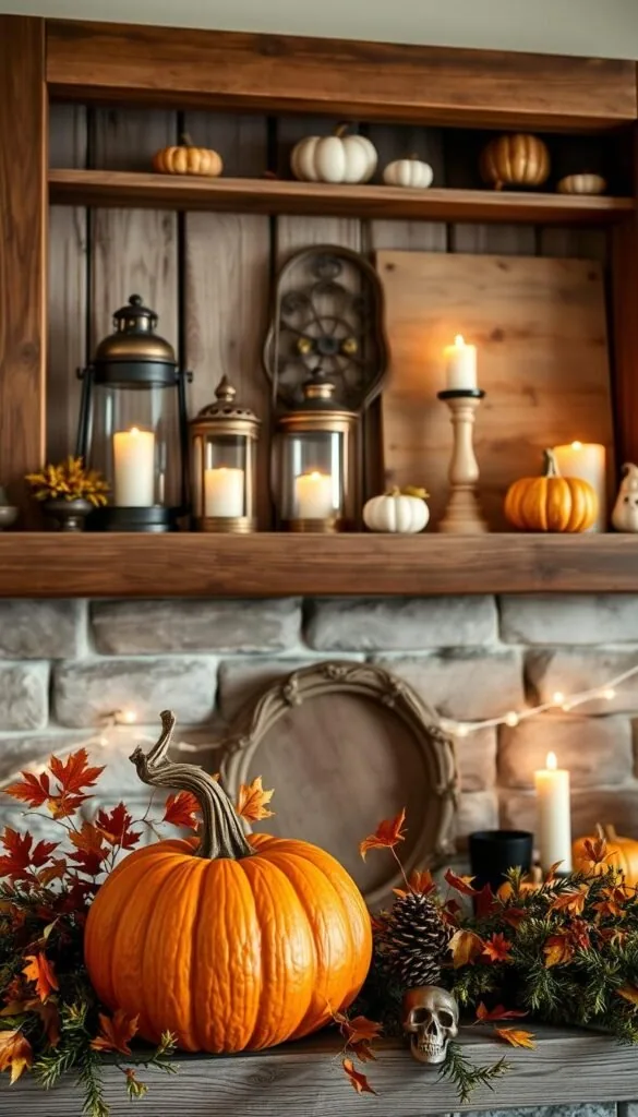 A cozy farmhouse-style mantel, adorned with a rustic wood frame, serves as the centerpiece. In the foreground, a carved pumpkin and sprigs of autumn foliage create a warm, inviting display. The middle ground features an assortment of vintage lanterns, vases, and candles, casting a soft, golden glow. In the background, a weathered wooden shelf holds an array of eclectic trinkets and pumpkin-themed decor, evoking a sense of seasonal charm. The overall composition exudes a harmonious blend of natural elements and farmhouse-inspired accents, creating a visually captivating and cohesive Halloween mantel display.