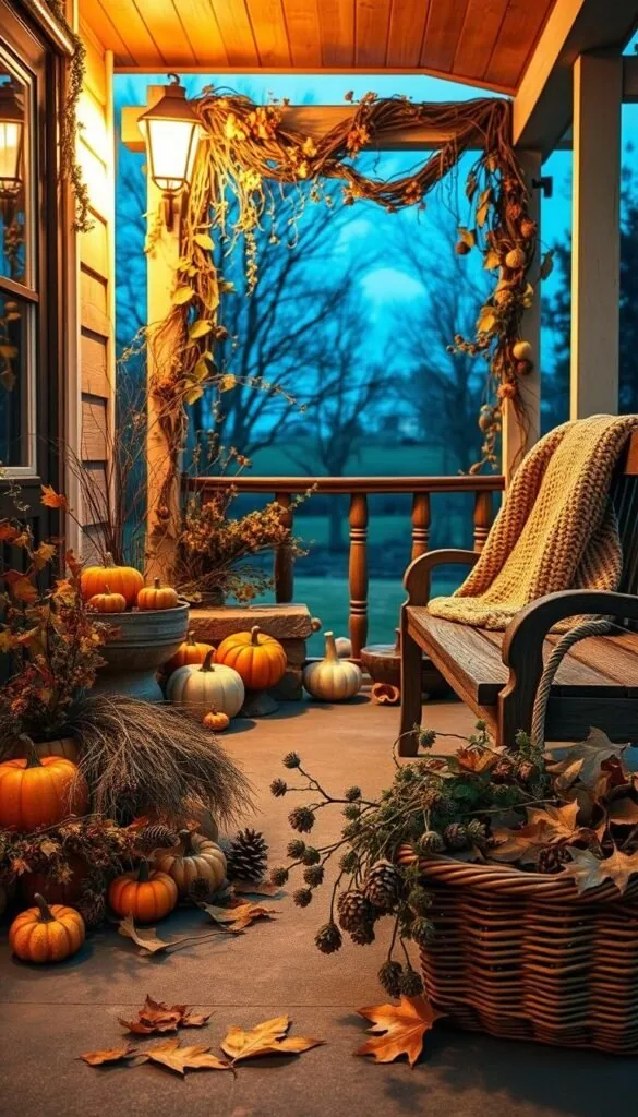 A cozy farmhouse-style porch at twilight, adorned with natural autumnal elements. In the foreground, a rustic wooden bench is draped with a warm knitted throw and flanked by carved wooden pumpkins and gourds. In the middle ground, clusters of dried leaves, pinecones, and twigs spill from a woven basket, casting soft shadows. In the background, a weathered wooden trellis is entwined with trailing vines and garlands of dried flowers. The scene is bathed in a warm, golden light, creating a inviting, harvest-inspired atmosphere.