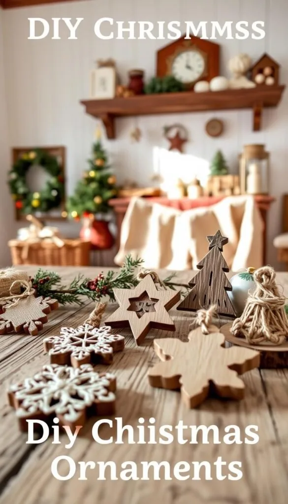 A cozy farmhouse-style setting with handmade DIY Christmas ornaments. In the foreground, a collection of rustic wooden ornaments, each with a unique design like a snowflake, star, or Christmas tree. The ornaments are arranged on a weathered wooden surface, with natural textures like burlap or twine accents. In the middle ground, a backdrop of warm white walls, with a wooden mantel or shelf displaying more personalized ornaments. Soft, natural lighting casts a welcoming glow, evoking a sense of homespun charm. The overall atmosphere is one of simplicity, craftsmanship, and the spirit of a handmade holiday. A cozy farmhouse-style setting with handmade DIY Christmas ornaments. In the foreground, a collection of rustic wooden ornaments, each with a unique design like a snowflake, star, or Christmas tree. The ornaments are arranged on a weathered wooden surface, with natural textures like burlap or twine accents. In the middle ground, a backdrop of warm white walls, with a wooden mantel or shelf displaying more personalized ornaments. Soft, natural lighting casts a welcoming glow, evoking a sense of homespun charm. The overall atmosphere is one of simplicity, craftsmanship, and the spirit of a handmade holiday.
