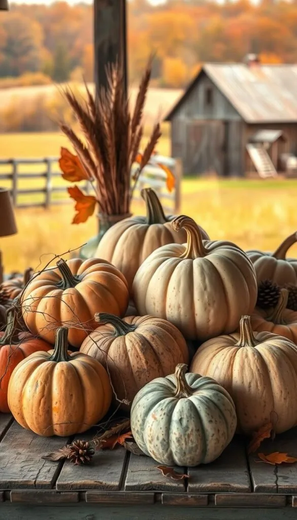 A cozy farmhouse-style tableau featuring an assortment of rustic pumpkins and gourds. In the foreground, a collection of mismatched pumpkins in muted hues of ochre, sage, and terracotta, some smooth and others gnarled, sit atop a weathered wooden table. Trailing vines and autumnal foliage spill across the surface. In the middle ground, a large, textured heirloom pumpkin sits alongside a bundle of dried wheat stalks and pinecones. Soft, warm lighting filters in from an unseen window, casting gentle shadows and highlighting the organic, handcrafted qualities of the decor. The background is filled with the warm, muted tones of a rural autumn landscape, with a rustic barn or farmhouse visible in the distance.