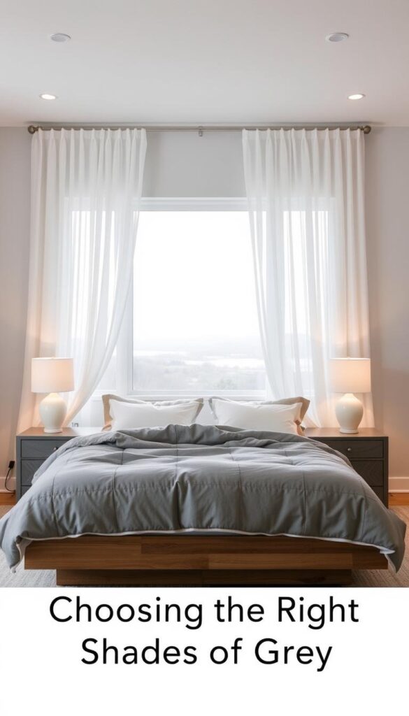 A cozy grey and white bedroom with an inviting, calming atmosphere. In the foreground, a plush grey duvet covers a wooden platform bed, accented by white throw pillows. The middle ground features a pair of grey nightstands with white table lamps casting a warm, ambient glow. In the background, sheer white curtains gently billow, revealing a window overlooking a serene grey-toned landscape. The overall scene evokes a sense of tranquility and sophisticated elegance, perfect for the "Choosing the Right Shades of Grey" section.