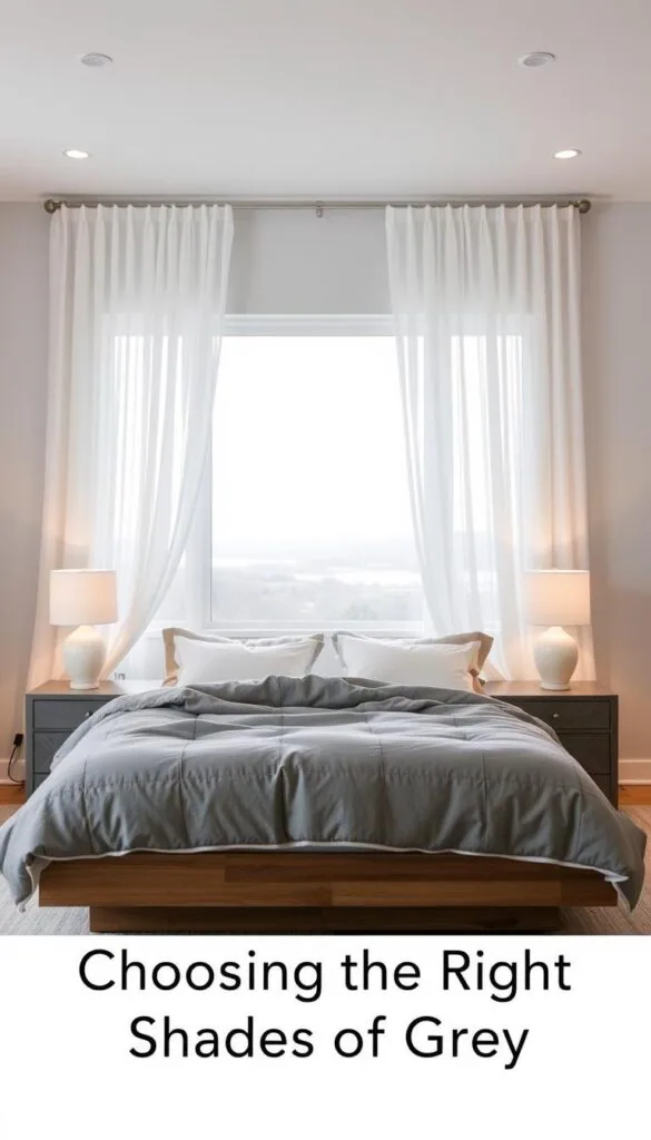 A cozy grey and white bedroom with an inviting, calming atmosphere. In the foreground, a plush grey duvet covers a wooden platform bed, accented by white throw pillows. The middle ground features a pair of grey nightstands with white table lamps casting a warm, ambient glow. In the background, sheer white curtains gently billow, revealing a window overlooking a serene grey-toned landscape. The overall scene evokes a sense of tranquility and sophisticated elegance, perfect for the "Choosing the Right Shades of Grey" section. A cozy grey and white bedroom with an inviting, calming atmosphere. In the foreground, a plush grey duvet covers a wooden platform bed, accented by white throw pillows. The middle ground features a pair of grey nightstands with white table lamps casting a warm, ambient glow. In the background, sheer white curtains gently billow, revealing a window overlooking a serene grey-toned landscape. The overall scene evokes a sense of tranquility and sophisticated elegance, perfect for the "Choosing the Right Shades of Grey" section.
