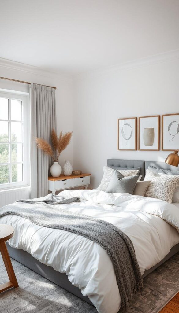 A cozy grey and white bedroom with plush bedding, textured throws, and accent pillows. Soft, indirect lighting creates a calming ambiance, while natural wood furniture and metallic accents add warmth. The large window floods the space with natural light, highlighting the crisp white walls and grey tones. Artful vases, framed wall decor, and a stylish rug complete the tranquil, harmonious scene. The overall effect is a serene, inviting space that encourages rest and relaxation.