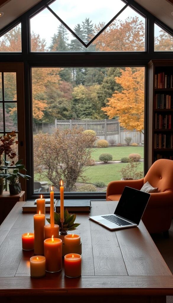 A cozy home office in an autumnal setting, with a large window overlooking a lush garden. The foreground features a sturdy wooden desk adorned with a collection of scented candles in warm, earthy tones, their flickering flames casting a soft, inviting glow. On the desk, a laptop, a potted plant, and a few carefully curated office supplies create a harmonious composition. The middle ground showcases a plush, rust-colored armchair positioned next to a bookshelf filled with volumes on art, design, and personal development. The background reveals a panoramic view of the outdoor landscape, with vibrant fall foliage and a cloudless sky. The overall atmosphere is one of tranquility, productivity, and a touch of sophisticated comfort. A cozy home office in an autumnal setting, with a large window overlooking a lush garden. The foreground features a sturdy wooden desk adorned with a collection of scented candles in warm, earthy tones, their flickering flames casting a soft, inviting glow. On the desk, a laptop, a potted plant, and a few carefully curated office supplies create a harmonious composition. The middle ground showcases a plush, rust-colored armchair positioned next to a bookshelf filled with volumes on art, design, and personal development. The background reveals a panoramic view of the outdoor landscape, with vibrant fall foliage and a cloudless sky. The overall atmosphere is one of tranquility, productivity, and a touch of sophisticated comfort.