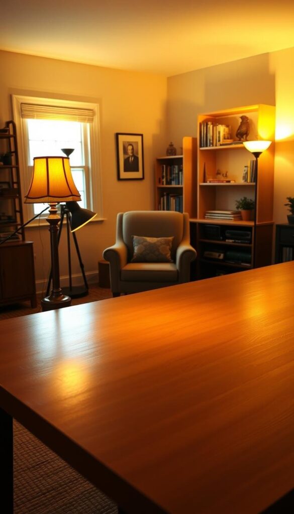 A cozy home office workspace with warm, inviting lighting. A large, wooden desk in the foreground, its surface softly illuminated by a pair of vintage-style table lamps. Behind the desk, a comfortable armchair by a window, casting a gentle glow on the space. The walls are painted a soothing neutral tone, with shelves displaying carefully curated books and decor. Ambient lighting from a floor lamp in the corner, creating a tranquil, autumn-inspired ambiance. Subtle hints of natural textures, like a woven area rug and a potted plant, add to the sense of comfort and homeliness. The entire scene exudes a welcoming, productive, and relaxing atmosphere, perfect for getting work done in a cozy, fall-inspired setting. A cozy home office workspace with warm, inviting lighting. A large, wooden desk in the foreground, its surface softly illuminated by a pair of vintage-style table lamps. Behind the desk, a comfortable armchair by a window, casting a gentle glow on the space. The walls are painted a soothing neutral tone, with shelves displaying carefully curated books and decor. Ambient lighting from a floor lamp in the corner, creating a tranquil, autumn-inspired ambiance. Subtle hints of natural textures, like a woven area rug and a potted plant, add to the sense of comfort and homeliness. The entire scene exudes a welcoming, productive, and relaxing atmosphere, perfect for getting work done in a cozy, fall-inspired setting.