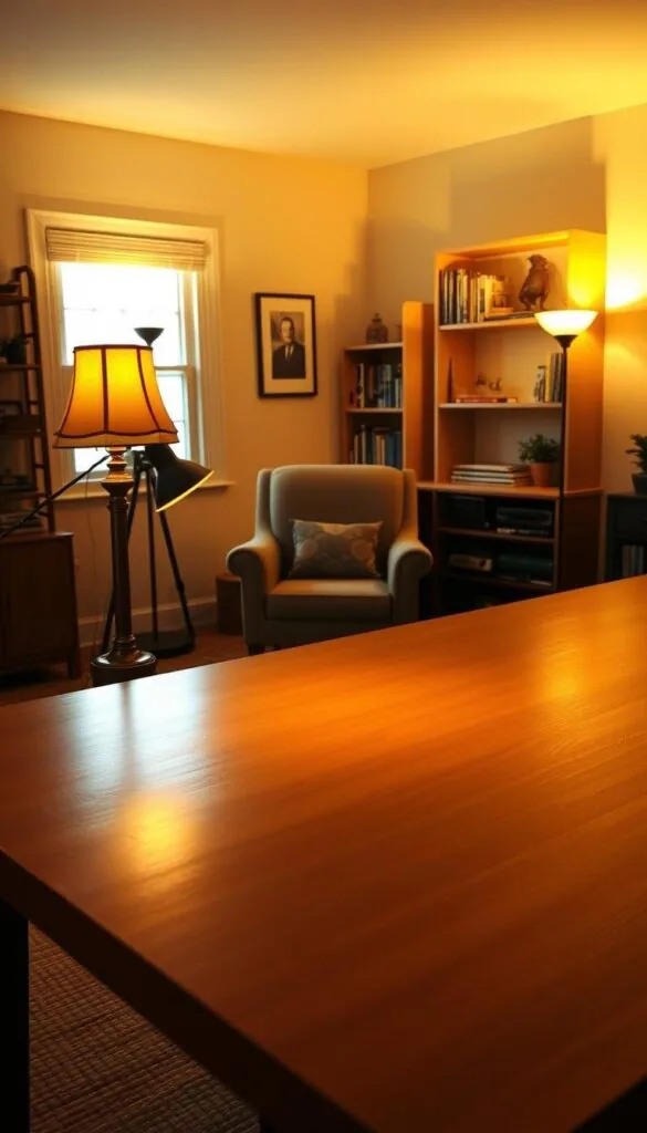 A cozy home office workspace with warm, inviting lighting. A large, wooden desk in the foreground, its surface softly illuminated by a pair of vintage-style table lamps. Behind the desk, a comfortable armchair by a window, casting a gentle glow on the space. The walls are painted a soothing neutral tone, with shelves displaying carefully curated books and decor. Ambient lighting from a floor lamp in the corner, creating a tranquil, autumn-inspired ambiance. Subtle hints of natural textures, like a woven area rug and a potted plant, add to the sense of comfort and homeliness. The entire scene exudes a welcoming, productive, and relaxing atmosphere, perfect for getting work done in a cozy, fall-inspired setting.