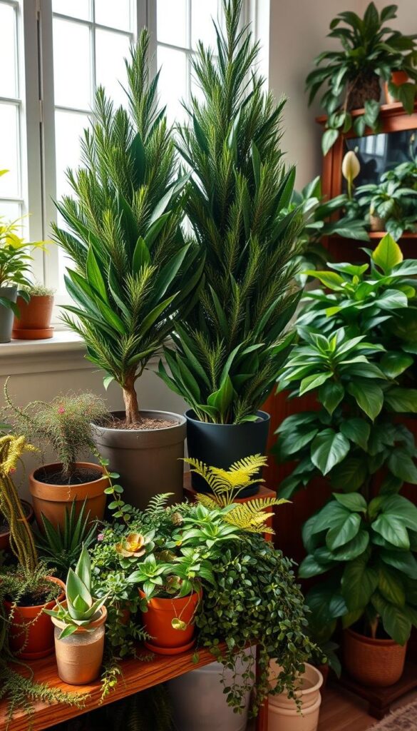 A cozy indoor scene featuring a variety of lush, thriving houseplants and evergreen foliage. In the foreground, a cluster of potted succulents, ferns, and a trailing devil's ivy cascade down a rustic wooden shelf. In the middle ground, a tall, graceful fiddle-leaf fig tree stands beside a potted Norfolk Island pine, their verdant leaves softly illuminated by natural light streaming in from large windows. In the background, leafy philodendrons and peace lilies adorn a wooden cabinet, creating a harmonious, nature-inspired atmosphere. The lighting is warm and inviting, with gentle shadows accentuating the textures and shapes of the plants. The overall composition conveys a sense of tranquility and rejuvenation, perfect for a cozy winter home decor setting. A cozy indoor scene featuring a variety of lush, thriving houseplants and evergreen foliage. In the foreground, a cluster of potted succulents, ferns, and a trailing devil's ivy cascade down a rustic wooden shelf. In the middle ground, a tall, graceful fiddle-leaf fig tree stands beside a potted Norfolk Island pine, their verdant leaves softly illuminated by natural light streaming in from large windows. In the background, leafy philodendrons and peace lilies adorn a wooden cabinet, creating a harmonious, nature-inspired atmosphere. The lighting is warm and inviting, with gentle shadows accentuating the textures and shapes of the plants. The overall composition conveys a sense of tranquility and rejuvenation, perfect for a cozy winter home decor setting.