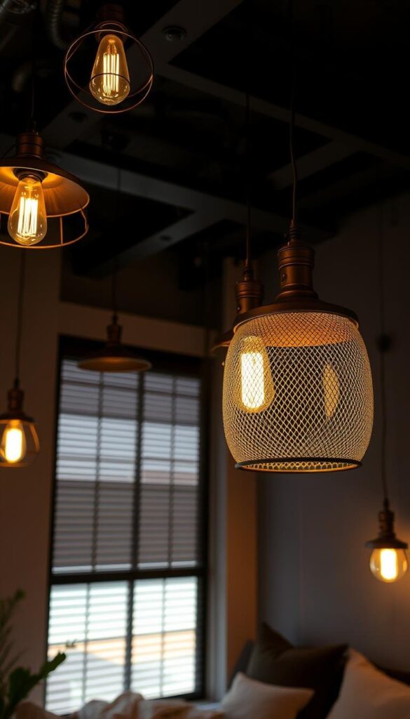 A cozy industrial bedroom with warm, moody lighting fixtures suspended from a high ceiling. Burnished bronze and brushed steel lamps with exposed bulbs cast a soft, ambient glow across the space. Minimalist, geometric fixtures in angular designs hanging at varying heights, their shadows creating a captivating interplay of light and shadow. The focal point is a large, statement-making pendant light with an oversized mesh shade, illuminating the bedside and creating a comfortable, inviting atmosphere. Overall, the lighting creates a harmonious blend of industrial edge and intimate, relaxing ambiance.