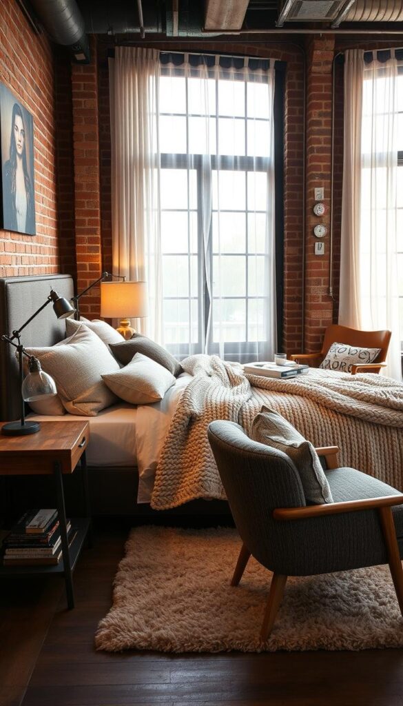 A cozy industrial chic bedroom with layered textiles, featuring a mix of exposed brick walls, metal accents, and plush, neutral-toned fabrics. The focal point is a large, inviting bed draped in a soft, chunky knit blanket and piled high with textured pillows. In the foreground, a wooden side table holds a vintage lamp that casts a warm, ambient glow. In the middle ground, a mid-century modern armchair sits atop a plush area rug, creating a cozy reading nook. The background showcases tall windows that let in plenty of natural light, complemented by sheer, billowing curtains. The overall atmosphere is one of relaxed sophistication, blending industrial elements with comforting, layered textures.