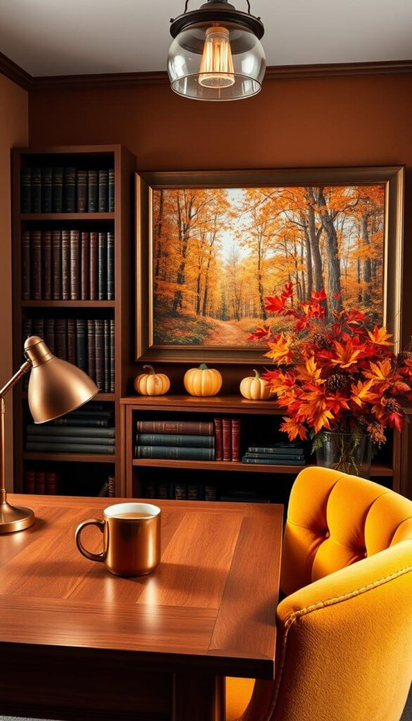 A cozy, inviting autumn office space with a warm, rustic ambiance. In the foreground, a wooden desk with a plush, mustard-colored chair. Atop the desk, a mug of hot apple cider, a copper-toned desk lamp, and a vase of vibrant fall foliage in hues of ochre, crimson, and goldenrod. In the middle ground, a bookshelf filled with leather-bound volumes and accented with ceramic pumpkins and pinecones. A large, framed landscape painting of a sun-dappled forest in autumn hangs on the wall. Soft, diffused lighting from a vintage-style pendant casts a gentle glow over the scene, creating an atmosphere of tranquility and productivity. A cozy, inviting autumn office space with a warm, rustic ambiance. In the foreground, a wooden desk with a plush, mustard-colored chair. Atop the desk, a mug of hot apple cider, a copper-toned desk lamp, and a vase of vibrant fall foliage in hues of ochre, crimson, and goldenrod. In the middle ground, a bookshelf filled with leather-bound volumes and accented with ceramic pumpkins and pinecones. A large, framed landscape painting of a sun-dappled forest in autumn hangs on the wall. Soft, diffused lighting from a vintage-style pendant casts a gentle glow over the scene, creating an atmosphere of tranquility and productivity.