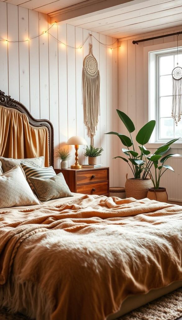 A cozy, inviting boho-style bedroom, bathed in warm, diffused light from a large window. In the foreground, an ornate headboard draped with flowing, earthy-toned textiles. Layered rugs and plush pillows create a plush, textural foundation. A mid-century modern nightstand holds a brass table lamp, books, and a potted plant. In the middle ground, a macrame wall hanging and a large, leafy plant add organic elements. The background features whitewashed wood paneling, accentuated by string lights and a dreamcatcher hung on the wall. An overall sense of tranquility, comfort, and a touch of bohemian flair.
