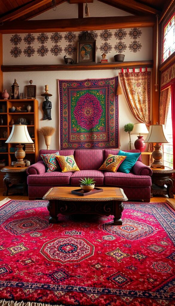 A cozy, inviting ethnic living room design with a harmonious blend of vibrant colors, natural textures, and traditional decor elements. In the foreground, a plush, patterned area rug anchors the space, complemented by a low, wooden coffee table adorned with intricate carvings. Mid-ground features a comfortable, L-shaped sofa upholstered in a rich, jewel-toned fabric, accented by colorful throw pillows. Flanking the sofa, a pair of ornate, carved wooden side tables hold traditional lamps with ornate shades. In the background, a feature wall showcases a vibrant, handwoven tapestry, while wooden shelves display an eclectic array of ethnic decor and trinkets. The room is illuminated by a combination of warm, ambient lighting and natural sunlight filtering through ornate, patterned window treatments. An overall cozy, inviting atmosphere that celebrates diverse cultural influences.