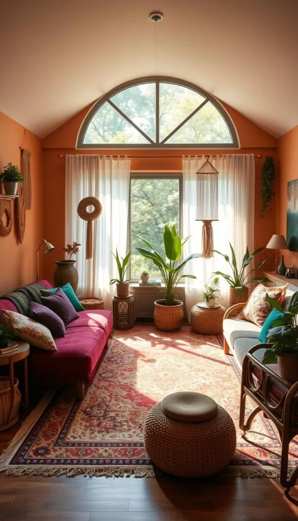 A cozy, inviting living room with a bohemian color palette. Earthy tones of terracotta, ochre, and sage green create a warm, natural atmosphere, accented by rich jewel-toned velvet cushions in shades of emerald and amethyst. Soft, diffused lighting filters through sheer curtains, casting a gentle glow over a vintage-inspired area rug and a mix of wooden and rattan furniture pieces. Potted plants and woven wall hangings add texture and a touch of whimsy, while a large, arched window frames the scene, allowing natural light to flood the space.