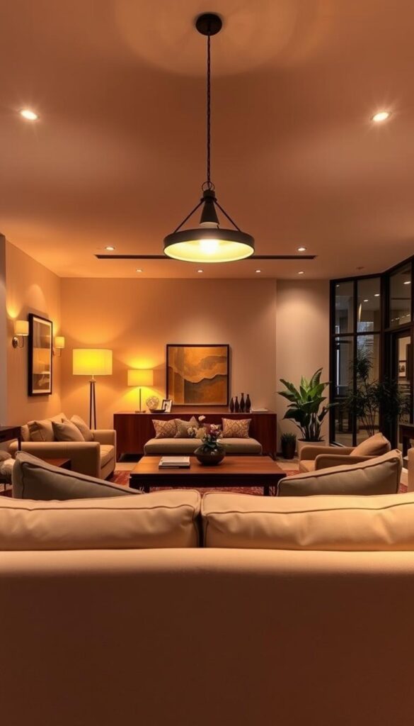 A cozy, inviting living room with a layered lighting design. In the foreground, a plush, oversized sofa bathed in soft, warm ambient lighting from a central floor lamp and sconces on the walls. The middle ground features a large, wooden coffee table illuminated by a pendant light overhead, casting a gentle glow. In the background, a wall of floor-to-ceiling windows allows natural light to filter in, complemented by recessed lighting that casts a subtle, uniform brightness throughout the space. Tasteful artwork and greenery add pops of color, while the overall atmosphere evokes a sense of relaxation and comfort.