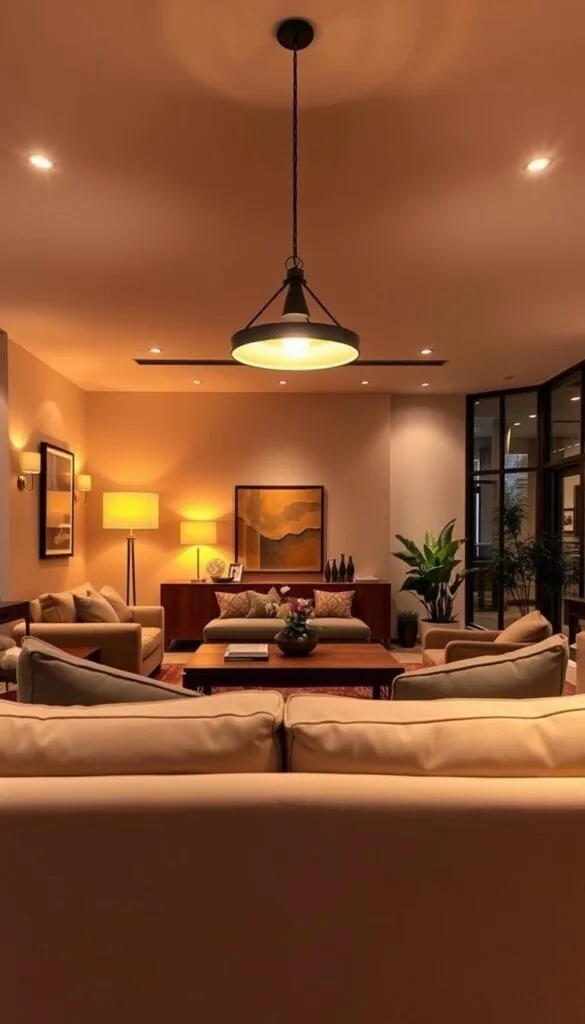 A cozy, inviting living room with a layered lighting design. In the foreground, a plush, oversized sofa bathed in soft, warm ambient lighting from a central floor lamp and sconces on the walls. The middle ground features a large, wooden coffee table illuminated by a pendant light overhead, casting a gentle glow. In the background, a wall of floor-to-ceiling windows allows natural light to filter in, complemented by recessed lighting that casts a subtle, uniform brightness throughout the space. Tasteful artwork and greenery add pops of color, while the overall atmosphere evokes a sense of relaxation and comfort.