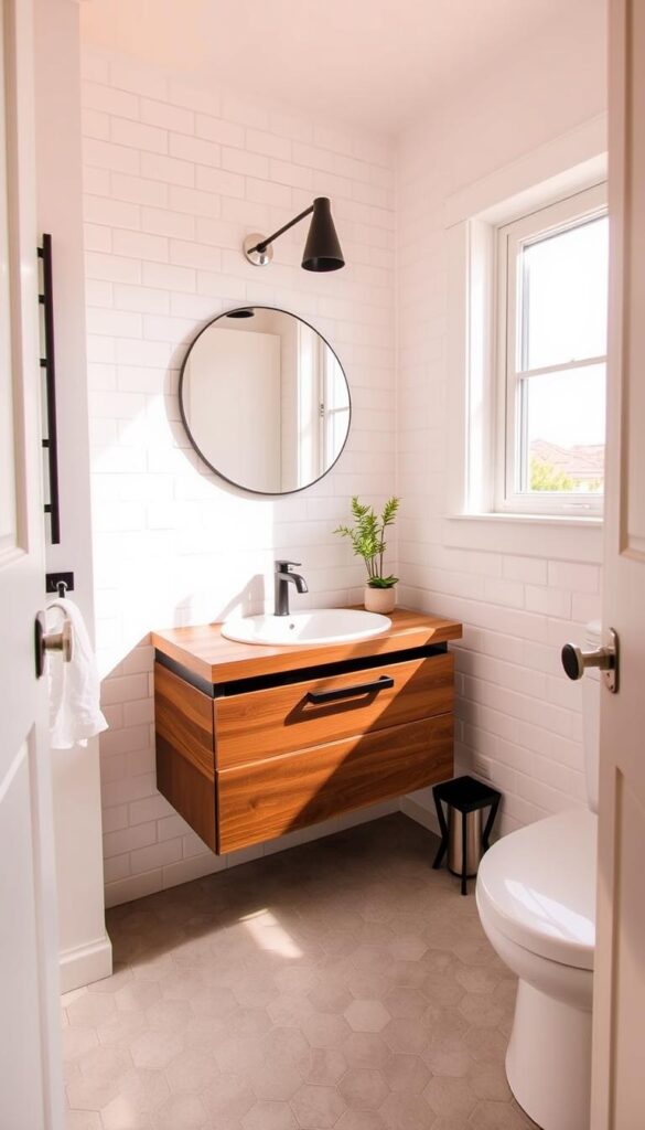 A cozy, inviting small bathroom with a modern, budget-friendly makeover. The room is bathed in warm, natural light from a large window, casting a soft glow over the clean, minimalist decor. White subway tiles line the walls, complemented by sleek, matte black fixtures and vanity. A floating wood-grain vanity top provides ample storage space, while a simple round mirror above adds a touch of elegance. The floor is covered in neutral-toned hexagonal tiles, creating a visually interesting pattern. Subtle pops of greenery, such as a small potted plant, add a refreshing touch. The overall atmosphere is calming and spa-like, showcasing how a small bathroom can be transformed on a budget.