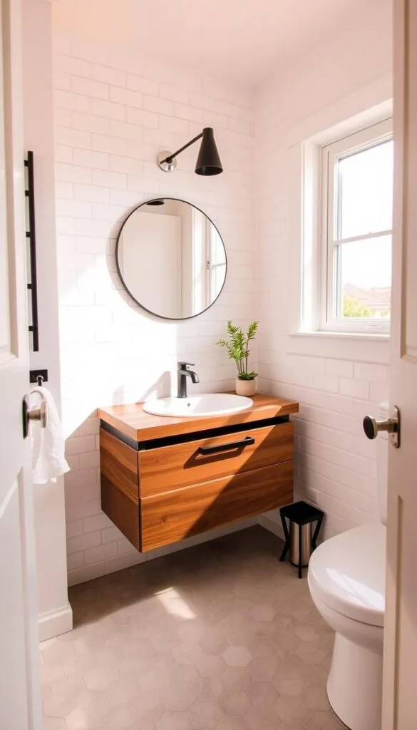 A cozy, inviting small bathroom with a modern, budget-friendly makeover. The room is bathed in warm, natural light from a large window, casting a soft glow over the clean, minimalist decor. White subway tiles line the walls, complemented by sleek, matte black fixtures and vanity. A floating wood-grain vanity top provides ample storage space, while a simple round mirror above adds a touch of elegance. The floor is covered in neutral-toned hexagonal tiles, creating a visually interesting pattern. Subtle pops of greenery, such as a small potted plant, add a refreshing touch. The overall atmosphere is calming and spa-like, showcasing how a small bathroom can be transformed on a budget. A cozy, inviting small bathroom with a modern, budget-friendly makeover. The room is bathed in warm, natural light from a large window, casting a soft glow over the clean, minimalist decor. White subway tiles line the walls, complemented by sleek, matte black fixtures and vanity. A floating wood-grain vanity top provides ample storage space, while a simple round mirror above adds a touch of elegance. The floor is covered in neutral-toned hexagonal tiles, creating a visually interesting pattern. Subtle pops of greenery, such as a small potted plant, add a refreshing touch. The overall atmosphere is calming and spa-like, showcasing how a small bathroom can be transformed on a budget.