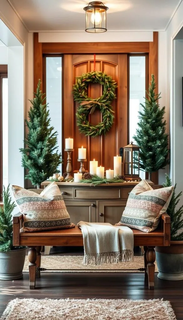 A cozy, inviting winter entryway with a warm, rustic aesthetic. In the foreground, a wooden bench adorned with plush throws and pillows, flanked by lush potted evergreens. The middle ground features a vintage-inspired console table topped with a cluster of candles, pinecones, and a decorative lantern, casting a soft, ambient glow. The background showcases a wooden door framed by a natural wreath, snowflakes gently drifting outside. The lighting is a harmonious blend of natural and soft, artificial illumination, creating an atmosphere of winter charm and comfort. Photographed with a wide-angle lens to capture the full entryway scene.