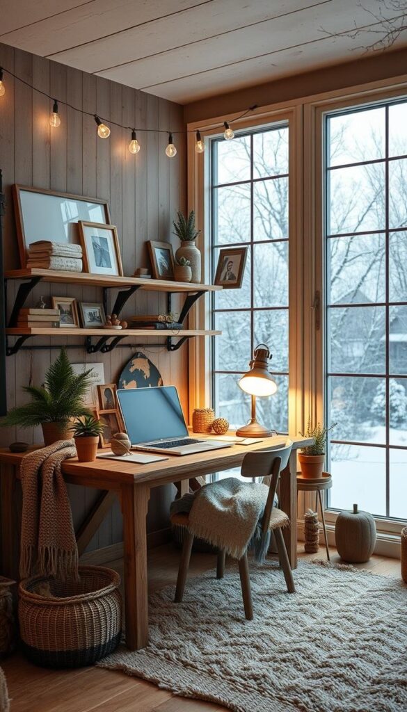 A cozy, inviting winter work space with a rustic wooden desk and shelves, illuminated by a warm, soft glow from a vintage-style table lamp and string lights draped overhead. The space is accented with natural textures like knit throws, potted plants, and a plush area rug. Warm-toned wooden accents, such as picture frames and floating shelves, create a sense of comfort and inspiration. Large windows allow natural light to filter in, casting a glow across the space. The overall atmosphere is one of productivity and calm, evoking a sense of hygge and creative focus. A cozy, inviting winter work space with a rustic wooden desk and shelves, illuminated by a warm, soft glow from a vintage-style table lamp and string lights draped overhead. The space is accented with natural textures like knit throws, potted plants, and a plush area rug. Warm-toned wooden accents, such as picture frames and floating shelves, create a sense of comfort and inspiration. Large windows allow natural light to filter in, casting a glow across the space. The overall atmosphere is one of productivity and calm, evoking a sense of hygge and creative focus.