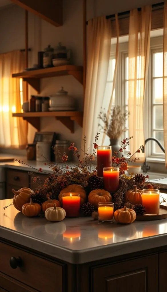 A cozy kitchen bathed in warm, soft lighting. On the countertop, a collection of scented fall candles in autumnal hues - deep orange, rich burgundy, and earthy brown. Surrounding the candles, an arrangement of gourds, pinecones, and dried flowers, creating a natural, inviting tableau. Wooden shelves line the walls, holding vintage-inspired ceramics and jars filled with spices. The kitchen windows are dressed with sheer curtains, letting in the golden glow of the setting sun. The entire scene exudes a sense of tranquility and comfort, perfect for a cozy evening at home.