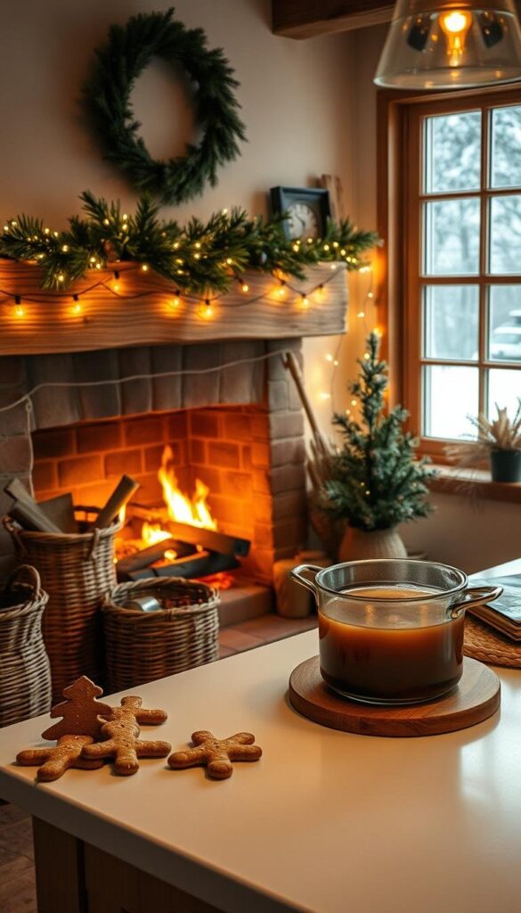 A cozy kitchen filled with the warm scents of winter. A crackling fireplace set against a rustic wooden mantel, adorned with pine garlands and twinkling fairy lights. On the countertop, a simmering pot of mulled cider, its spicy aroma mingling with the fresh-baked gingerbread. Woven baskets and natural textures create a inviting, homey atmosphere, while a large window offers a glimpse of a snowy landscape outside. Soft, diffused lighting casts a golden glow, capturing the essence of a harmonious winter haven. A cozy kitchen filled with the warm scents of winter. A crackling fireplace set against a rustic wooden mantel, adorned with pine garlands and twinkling fairy lights. On the countertop, a simmering pot of mulled cider, its spicy aroma mingling with the fresh-baked gingerbread. Woven baskets and natural textures create a inviting, homey atmosphere, while a large window offers a glimpse of a snowy landscape outside. Soft, diffused lighting casts a golden glow, capturing the essence of a harmonious winter haven.