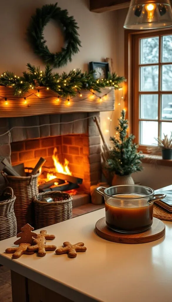 A cozy kitchen filled with the warm scents of winter. A crackling fireplace set against a rustic wooden mantel, adorned with pine garlands and twinkling fairy lights. On the countertop, a simmering pot of mulled cider, its spicy aroma mingling with the fresh-baked gingerbread. Woven baskets and natural textures create a inviting, homey atmosphere, while a large window offers a glimpse of a snowy landscape outside. Soft, diffused lighting casts a golden glow, capturing the essence of a harmonious winter haven.