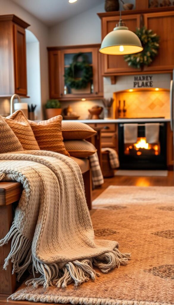A cozy kitchen interior with warm, inviting decor. In the foreground, a plush, soft throw blanket draped over a wooden bench, its gentle folds and textures inviting touch. Nearby, a stack of knitted pillows in earthy tones add to the tactile, comforting atmosphere. In the middle ground, a large area rug with a subtle pattern anchors the space, its fibers seeming to radiate warmth. The background features wooden cabinetry, softly illuminated by the glow of a fireplace, casting a golden, ambient light that permeates the entire scene. The overall mood is one of relaxation and tranquility, creating a welcoming, winter-inspired kitchen space. A cozy kitchen interior with warm, inviting decor. In the foreground, a plush, soft throw blanket draped over a wooden bench, its gentle folds and textures inviting touch. Nearby, a stack of knitted pillows in earthy tones add to the tactile, comforting atmosphere. In the middle ground, a large area rug with a subtle pattern anchors the space, its fibers seeming to radiate warmth. The background features wooden cabinetry, softly illuminated by the glow of a fireplace, casting a golden, ambient light that permeates the entire scene. The overall mood is one of relaxation and tranquility, creating a welcoming, winter-inspired kitchen space.