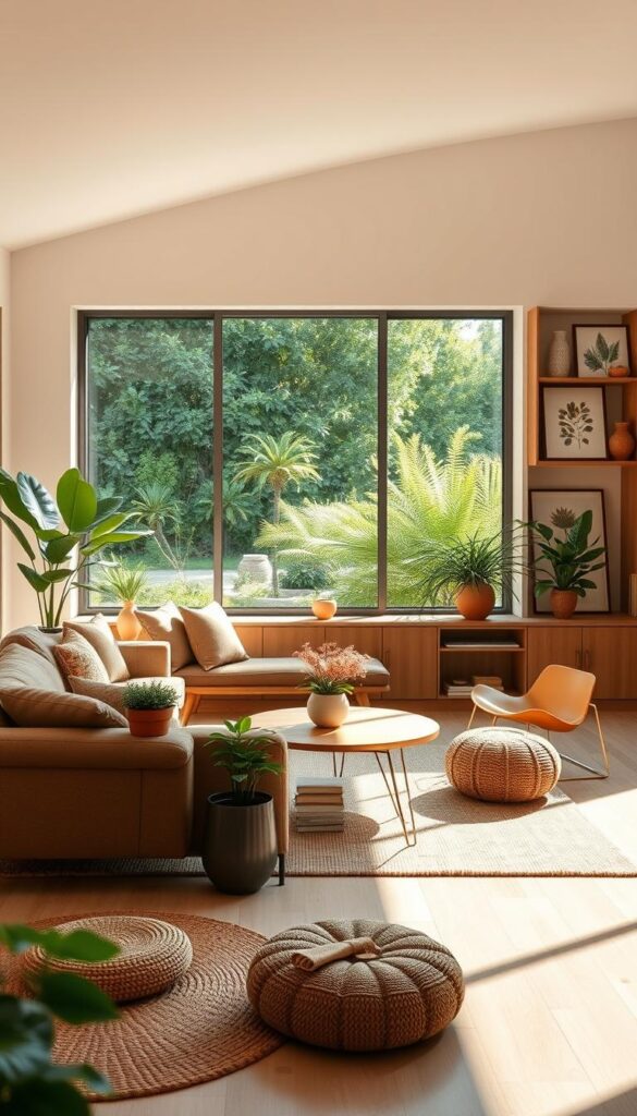A cozy, light-filled living room with a serene biophilic design. The focal point is a large picture window overlooking a lush, verdant garden, letting in abundant natural light. In the foreground, a plush, earthy-toned sofa is flanked by mid-century modern end tables adorned with potted plants. The middle ground features a minimalist coffee table surrounded by natural fiber rugs and poufs. The background showcases built-in shelves displaying an array of botanical art prints and decorative terracotta vases. Warm, diffused lighting from hidden sources creates a calming, nature-inspired ambiance. Crisp, high-resolution, photorealistic.