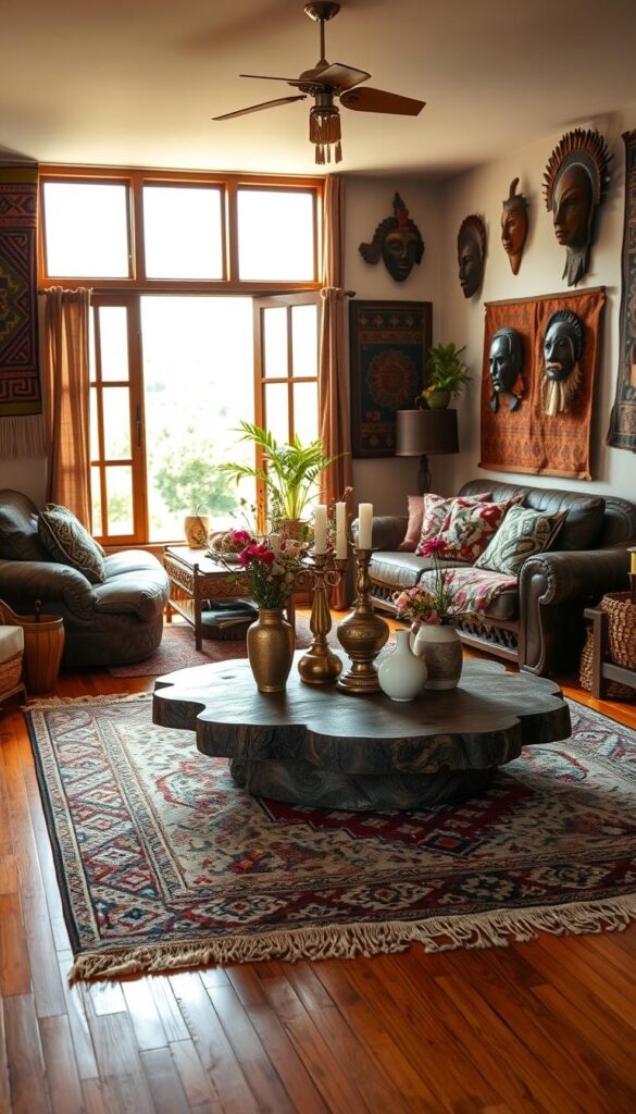 A cozy living room adorned with an eclectic mix of authentic cultural decor. In the foreground, a plush rug with intricate geometric patterns lays on the hardwood floor, surrounded by carved wooden furniture and woven baskets. On the walls, vibrant tapestries and handcrafted masks from tribal cultures hang, casting warm shadows. In the middle ground, a centerpiece of brass candlesticks and ceramic vases filled with fragrant flowers sits atop a carved wooden coffee table. The lighting is soft and diffused, emanating a welcoming ambiance. Through the large window, a glimpse of a lush, verdant landscape can be seen, completing the immersive, worldly atmosphere.
