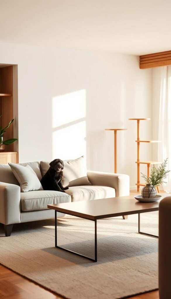 A cozy living room, bathed in soft, warm lighting. In the foreground, a modern, minimalist pet-friendly sofa with plush cushions and a sturdy, chew-resistant frame. Midground, a sleek, low-profile coffee table with rounded edges, perfect for a curious paw. In the background, a stylish cat tree, its platforms and perches inviting feline exploration. The room's palette is a soothing blend of neutral tones and natural wood accents, creating a harmonious, serene atmosphere. The scene exudes a sense of comfort and design that seamlessly integrates the needs of both human and pet.