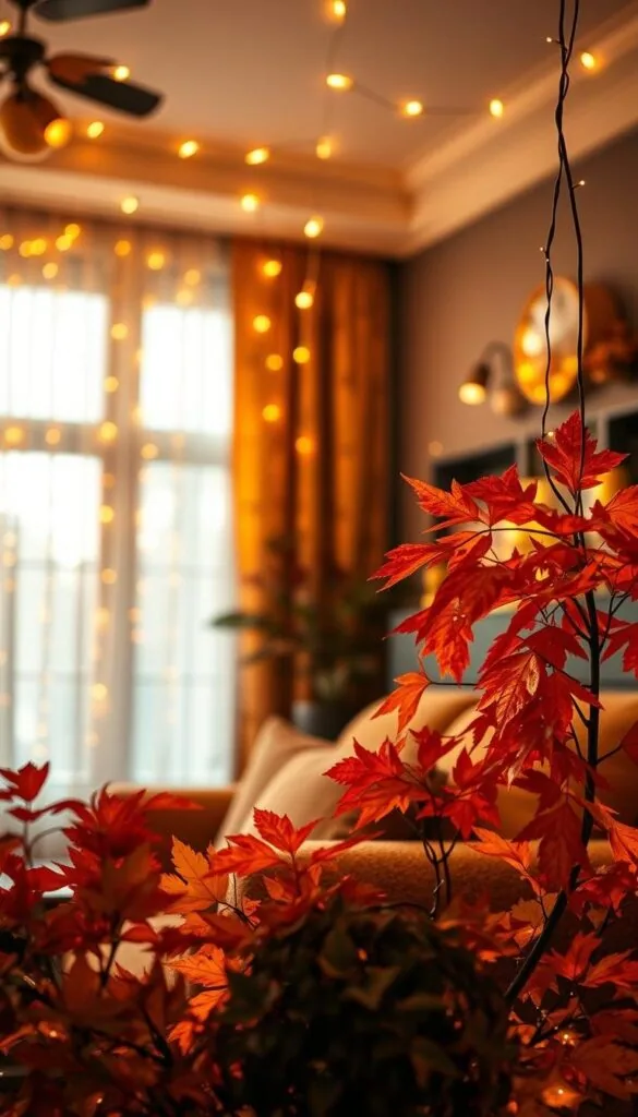 A cozy living room bathed in the warm glow of autumn-themed string lights. The delicate lights are strung across the ceiling, cascading in elegant, sweeping curves that create a soft, ambient illumination. In the foreground, the lights intermingle with lush, fall-colored foliage - vibrant reds, oranges, and yellows that add depth and texture to the scene. The middle ground features a plush, oversized armchair, its rich, autumnal upholstery complementing the lighting and greenery. The background subtly fades into a soft, hazy atmosphere, evoking a sense of tranquility and comfort. This intimate, inviting space is perfect for snuggling up and enjoying the coziness of the season.