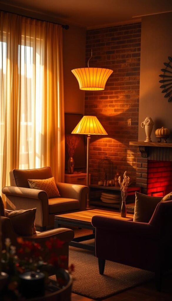 A cozy living room bathed in the warm, golden glow of autumn lighting. Soft, diffused light filters through sheer curtains, casting a gentle ambiance. Plush armchairs and a rustic coffee table sit in the foreground, inviting relaxation. In the middle ground, a statement floor lamp with a flared, amber-toned shade casts a mesmerizing radiance. The background features a brick fireplace, its flames flickering and casting dancing shadows across the walls. Earthy hues of orange, red, and brown create a harmonious, fall-inspired palette. The overall mood is one of tranquility, comfort, and a celebration of the seasonal transition.