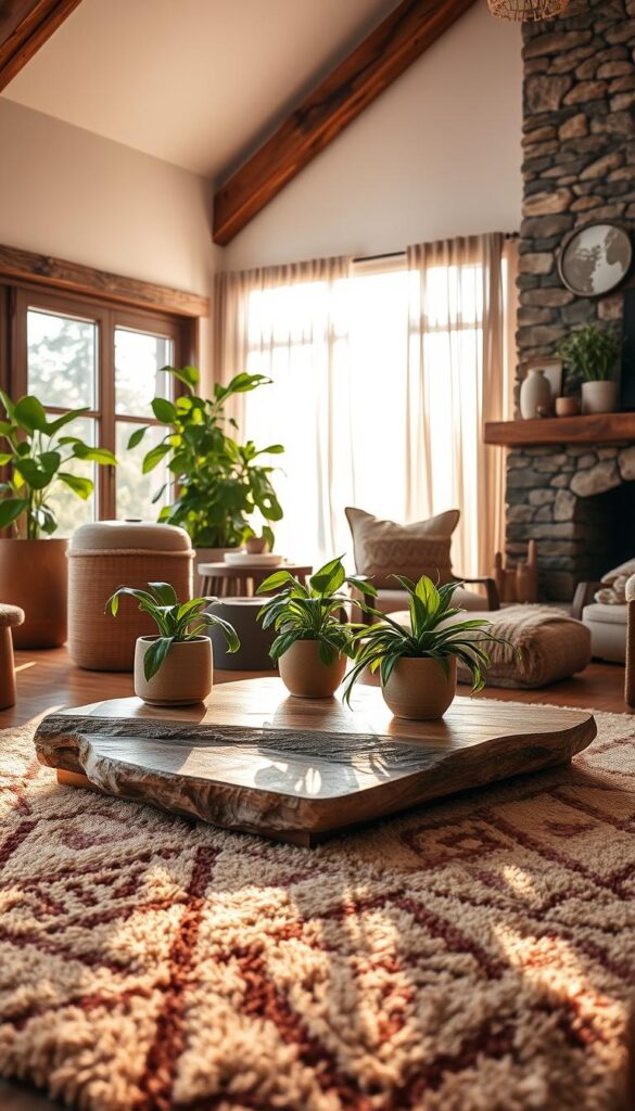 A cozy living room bathed in warm, natural light filters through large windows, revealing a harmonious blend of organic textures. In the foreground, a plush, earthy-toned rug anchors the space, its intricate patterns adding depth and visual interest. Midground, a wooden coffee table showcases a natural stone slab, its subtle veining and mottled tones complementing the surrounding elements. Lush, verdant plants in ceramic planters dot the scene, their lush foliage casting soft shadows across the scene. In the background, rough-hewn wooden beams and a stone fireplace add rustic, weathered charm, while sheer, linen curtains gently sway, creating a sense of tranquility and serenity. A cozy living room bathed in warm, natural light filters through large windows, revealing a harmonious blend of organic textures. In the foreground, a plush, earthy-toned rug anchors the space, its intricate patterns adding depth and visual interest. Midground, a wooden coffee table showcases a natural stone slab, its subtle veining and mottled tones complementing the surrounding elements. Lush, verdant plants in ceramic planters dot the scene, their lush foliage casting soft shadows across the scene. In the background, rough-hewn wooden beams and a stone fireplace add rustic, weathered charm, while sheer, linen curtains gently sway, creating a sense of tranquility and serenity.
