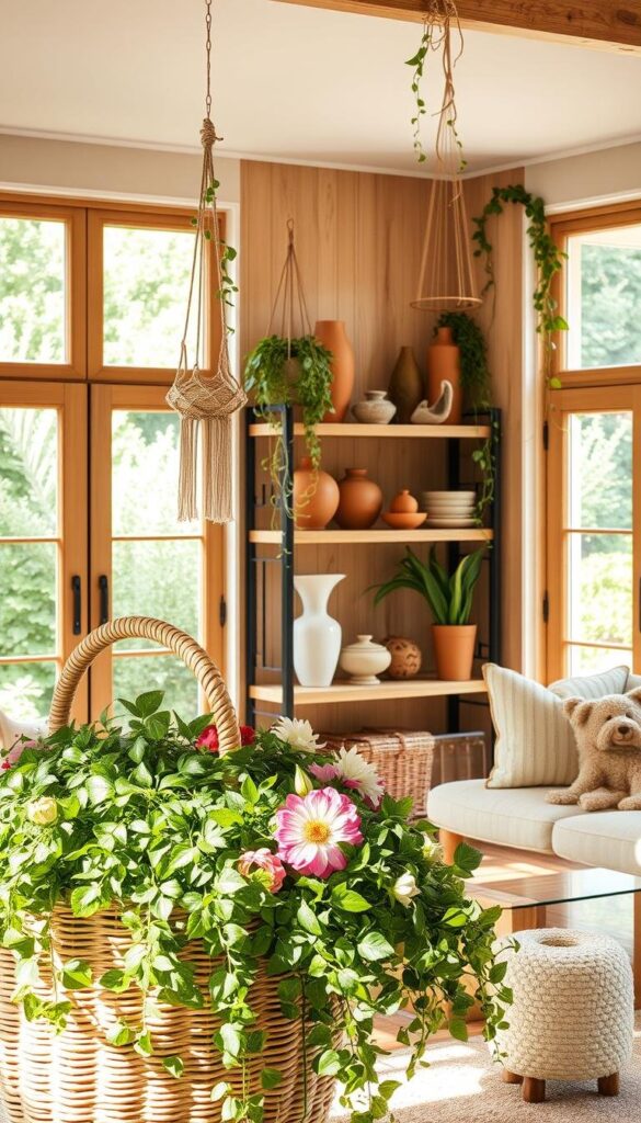 A cozy living room bathed in warm, natural light. In the foreground, a large woven basket overflows with lush greenery and fresh flowers, casting a soft, organic glow. On the middle-ground wooden shelves, an artful display of terracotta pots, ceramic vases, and driftwood sculptures. Trailing vines spill from hanging macrame plant holders, adding a sense of earthy relaxation. In the background, large windows frame a verdant garden, blurring the boundary between indoor and outdoor spaces. This harmonious blend of natural materials and living elements creates a serene, rejuvenating atmosphere, perfect for a summer home. A cozy living room bathed in warm, natural light. In the foreground, a large woven basket overflows with lush greenery and fresh flowers, casting a soft, organic glow. On the middle-ground wooden shelves, an artful display of terracotta pots, ceramic vases, and driftwood sculptures. Trailing vines spill from hanging macrame plant holders, adding a sense of earthy relaxation. In the background, large windows frame a verdant garden, blurring the boundary between indoor and outdoor spaces. This harmonious blend of natural materials and living elements creates a serene, rejuvenating atmosphere, perfect for a summer home.