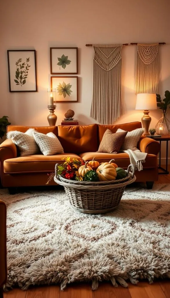 A cozy living room bathed in warm, soft lighting. In the foreground, a plush velvet sofa in a rich autumnal hue, adorned with knitted throw pillows in complementary tones. On the coffee table, a woven basket overflows with seasonal foliage and decorative gourds. In the middle ground, a large, lush area rug in a bold, geometric pattern anchors the space. The walls are decorated with framed botanical prints and a macrame wall hanging. Elegant glass hurricane lamps flicker on side tables, casting a gentle glow. The overall atmosphere is inviting, comfortable, and seasonally inspired.
