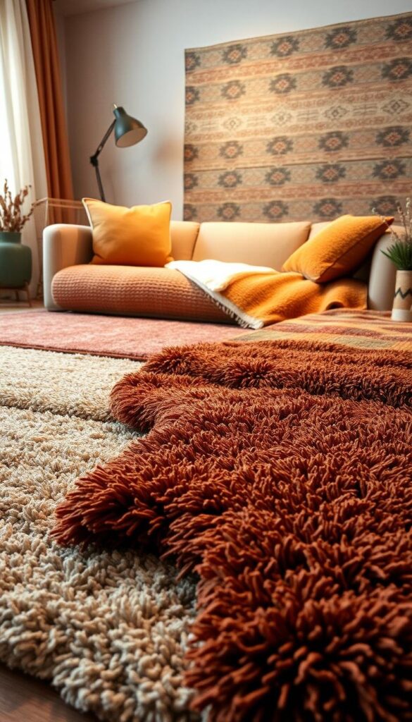 A cozy living room filled with a mix of tightly-woven, high-quality area rugs in warm, earthy tones. The rugs are layered in an artful, asymmetrical arrangement, creating a sense of depth and visual interest. The lighting is soft and ambient, casting a gentle glow across the plush textures. In the foreground, a thick, shag rug in a rich auburn hue anchors the space, while mid-ground rugs in muted ochres and terracottas overlap and intertwine. In the background, a patterned kilim rug in muted blues and greens adds visual complexity. The overall atmosphere is one of modern comfort and fall-inspired coziness.