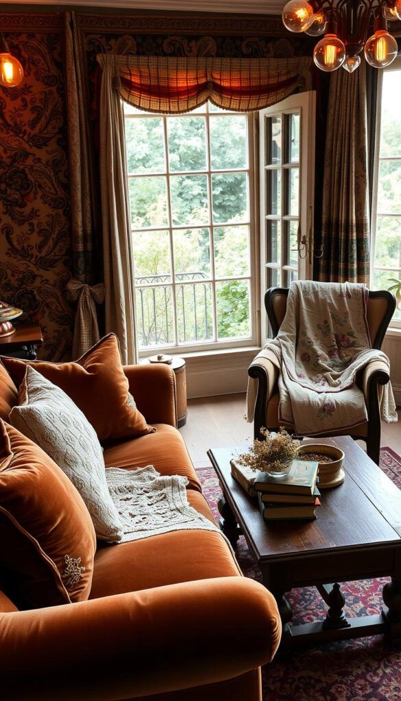 A cozy living room filled with layers of vintage textiles and fabrics. In the foreground, a plush velvet sofa adorned with embroidered throw pillows and a delicate lace runner. Beside it, an antique armchair draped in a tattered, yet charming, floral quilt. In the middle ground, a wooden coffee table topped with a stack of weathered leather-bound books and a vase of dried wildflowers. The walls are adorned with a tapestry featuring intricate paisley patterns, casting a warm, golden glow from the soft, Edison-style lighting fixtures. Through the window, a view of a lush, overgrown garden, hinting at the passage of time. The overall atmosphere is one of timeless elegance and a tactile, lived-in comfort. A cozy living room filled with layers of vintage textiles and fabrics. In the foreground, a plush velvet sofa adorned with embroidered throw pillows and a delicate lace runner. Beside it, an antique armchair draped in a tattered, yet charming, floral quilt. In the middle ground, a wooden coffee table topped with a stack of weathered leather-bound books and a vase of dried wildflowers. The walls are adorned with a tapestry featuring intricate paisley patterns, casting a warm, golden glow from the soft, Edison-style lighting fixtures. Through the window, a view of a lush, overgrown garden, hinting at the passage of time. The overall atmosphere is one of timeless elegance and a tactile, lived-in comfort.