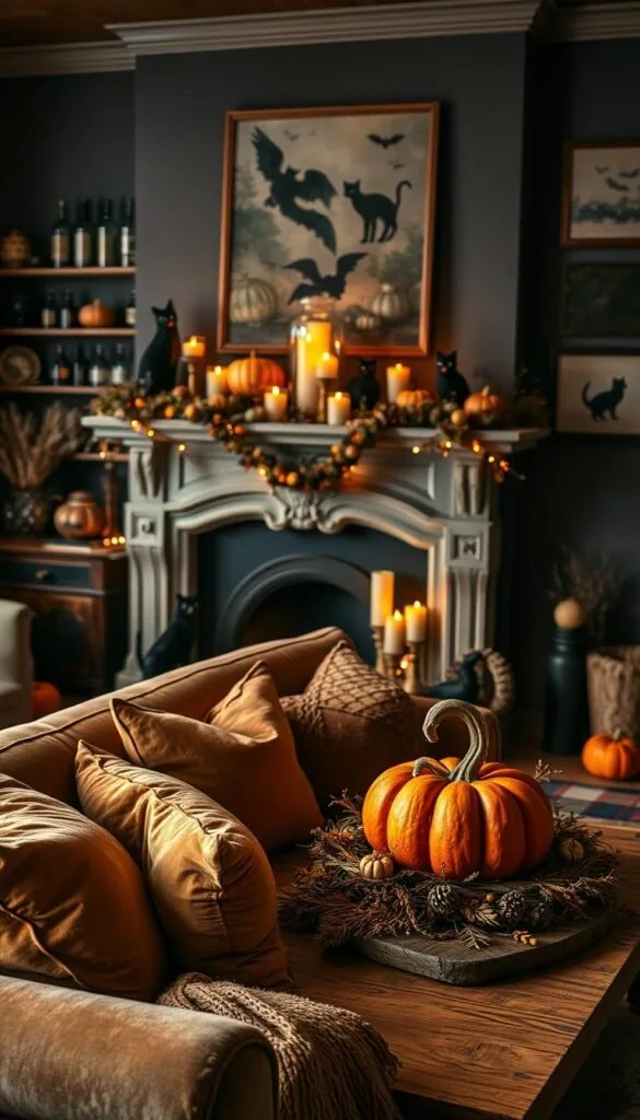 A cozy living room filled with rustic farmhouse-style Halloween decor. In the foreground, a plush velvet sofa adorned with pumpkin-shaped throw pillows and a hand-knitted blanket in earthy tones. Atop a reclaimed wood coffee table, a carved wooden jack-o'-lantern and a wreath of dried leaves and berries. In the middle ground, an ornate fireplace with a mantelpiece decorated with garlands of gourds, pinecones, and candles flickering warmly. In the background, shelves displaying vintage glass bottles, a collection of black cats, and framed silhouettes of bats against a moody, saturated wall color. Soft, ambient lighting casts a golden glow throughout the space, creating a cozy, inviting atmosphere perfect for autumn celebrations.