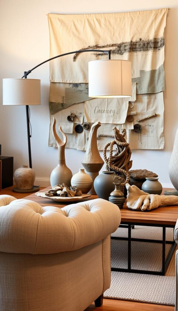 A cozy living room filled with tactile, decorative objects. In the foreground, a plush, tufted armchair with a soft, linen-like texture invites the viewer to sink in. Atop a minimalist, wood-and-steel coffee table, an artfully arranged display of ceramics, sculptures, and natural elements like driftwood and stones create a visually striking tableau. Soft, diffused lighting from a floor lamp with a linen shade casts a warm, ambient glow, highlighting the varied textures and hues. In the background, a large, abstract wall hanging with layers of fabric, paint, and mixed media adds depth and visual interest. The overall mood is one of elegant simplicity, where form and function seamlessly merge. A cozy living room filled with tactile, decorative objects. In the foreground, a plush, tufted armchair with a soft, linen-like texture invites the viewer to sink in. Atop a minimalist, wood-and-steel coffee table, an artfully arranged display of ceramics, sculptures, and natural elements like driftwood and stones create a visually striking tableau. Soft, diffused lighting from a floor lamp with a linen shade casts a warm, ambient glow, highlighting the varied textures and hues. In the background, a large, abstract wall hanging with layers of fabric, paint, and mixed media adds depth and visual interest. The overall mood is one of elegant simplicity, where form and function seamlessly merge.