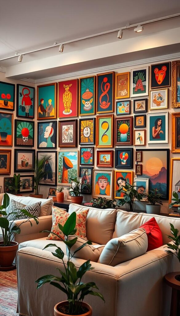 A cozy living room filled with vibrant, eclectic art displays. The walls are adorned with a gallery of colorful paintings, abstract prints, and eclectic frames in a visually striking arrangement. Soft, warm lighting illuminates the space, casting a welcoming glow. In the foreground, a modern, plush sofa and chairs provide comfortable seating, inviting visitors to admire the artwork. Potted plants and natural textures add depth and a sense of harmony to the scene. The overall atmosphere is one of artistic expression, creativity, and a celebration of bold, beautiful colors. A cozy living room filled with vibrant, eclectic art displays. The walls are adorned with a gallery of colorful paintings, abstract prints, and eclectic frames in a visually striking arrangement. Soft, warm lighting illuminates the space, casting a welcoming glow. In the foreground, a modern, plush sofa and chairs provide comfortable seating, inviting visitors to admire the artwork. Potted plants and natural textures add depth and a sense of harmony to the scene. The overall atmosphere is one of artistic expression, creativity, and a celebration of bold, beautiful colors.