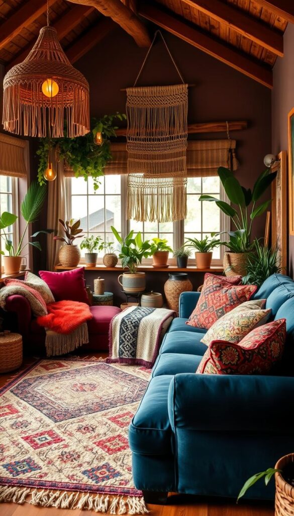 A cozy living room filled with vibrant textiles and rich colors. In the foreground, a plush, jewel-toned velvet sofa invites you to sink in. Piled high with decorative pillows in intricate patterns and textures, it creates a sumptuous focal point. Across the room, a large woven area rug in a bold, geometric design grounds the space. Hanging from the ceiling, a macrame wall hanging in earthy tones adds layers of visual interest. Potted plants and natural wood accents bring the outdoors in, while warm, diffused lighting casts a golden glow throughout. The overall atmosphere is one of relaxed elegance, where rich hues and tactile materials come together to create a visually stunning and inviting living space. A cozy living room filled with vibrant textiles and rich colors. In the foreground, a plush, jewel-toned velvet sofa invites you to sink in. Piled high with decorative pillows in intricate patterns and textures, it creates a sumptuous focal point. Across the room, a large woven area rug in a bold, geometric design grounds the space. Hanging from the ceiling, a macrame wall hanging in earthy tones adds layers of visual interest. Potted plants and natural wood accents bring the outdoors in, while warm, diffused lighting casts a golden glow throughout. The overall atmosphere is one of relaxed elegance, where rich hues and tactile materials come together to create a visually stunning and inviting living space.