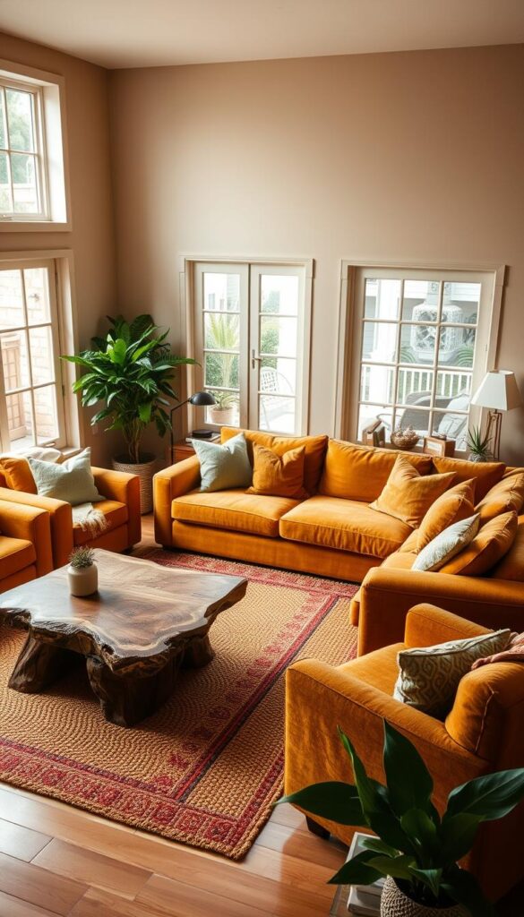 A cozy living room filled with warm, earthy tones and natural textures. The space is bathed in soft, diffused lighting, creating a serene and inviting atmosphere. The focal point is a large, plush sofa upholstered in a rich, muted mustard color, complemented by a pair of matching armchairs. A woven area rug in tones of terracotta and ochre anchors the seating area, while a wooden coffee table with a live-edge top adds a rustic, grounding element. Subtle pops of color come from accent pillows in shades of olive and sage, and a few carefully placed potted plants bring a touch of nature indoors. The walls are painted in a soothing, neutral beige, and large windows allow ample natural light to flood the space, creating a warm and inviting atmosphere. A cozy living room filled with warm, earthy tones and natural textures. The space is bathed in soft, diffused lighting, creating a serene and inviting atmosphere. The focal point is a large, plush sofa upholstered in a rich, muted mustard color, complemented by a pair of matching armchairs. A woven area rug in tones of terracotta and ochre anchors the seating area, while a wooden coffee table with a live-edge top adds a rustic, grounding element. Subtle pops of color come from accent pillows in shades of olive and sage, and a few carefully placed potted plants bring a touch of nature indoors. The walls are painted in a soothing, neutral beige, and large windows allow ample natural light to flood the space, creating a warm and inviting atmosphere.