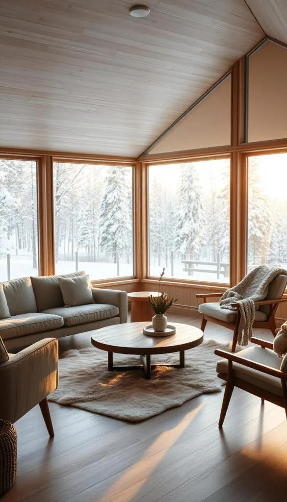 A cozy living room in a minimalist Scandinavian cabin, bathed in warm, golden light from large windows overlooking a snowy forest. Sleek, midcentury-inspired furniture in neutral tones - a plush, tufted sofa, a low, wooden coffee table, and a pair of armchairs. Soft, woven textures in the form of a sheepskin rug and a knitted throw blanket add visual interest. Subtle pops of greenery, such as a potted plant and a small bouquet, bring a touch of nature inside. The overall atmosphere is one of serene, effortless relaxation.
