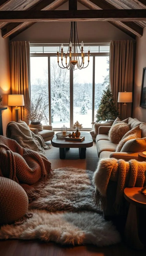 A cozy living room in a winter wonderland, illuminated by warm ambient lighting. In the foreground, natural textures like knitted throws, soft pillows, and a plush rug in a harmonious palette of earthy browns, creams, and muted greens. Accents of gold and copper add a touch of sophistication, while wooden elements like a rustic coffee table and a faux-fur rug anchor the space. In the middle ground, a large window frames a snowy landscape, creating a serene and tranquil atmosphere. Soft, diffused lighting from table lamps and a central chandelier casts a gentle glow, enhancing the inviting ambiance. The overall mood is one of comfort, coziness, and a celebration of the winter season. A cozy living room in a winter wonderland, illuminated by warm ambient lighting. In the foreground, natural textures like knitted throws, soft pillows, and a plush rug in a harmonious palette of earthy browns, creams, and muted greens. Accents of gold and copper add a touch of sophistication, while wooden elements like a rustic coffee table and a faux-fur rug anchor the space. In the middle ground, a large window frames a snowy landscape, creating a serene and tranquil atmosphere. Soft, diffused lighting from table lamps and a central chandelier casts a gentle glow, enhancing the inviting ambiance. The overall mood is one of comfort, coziness, and a celebration of the winter season.