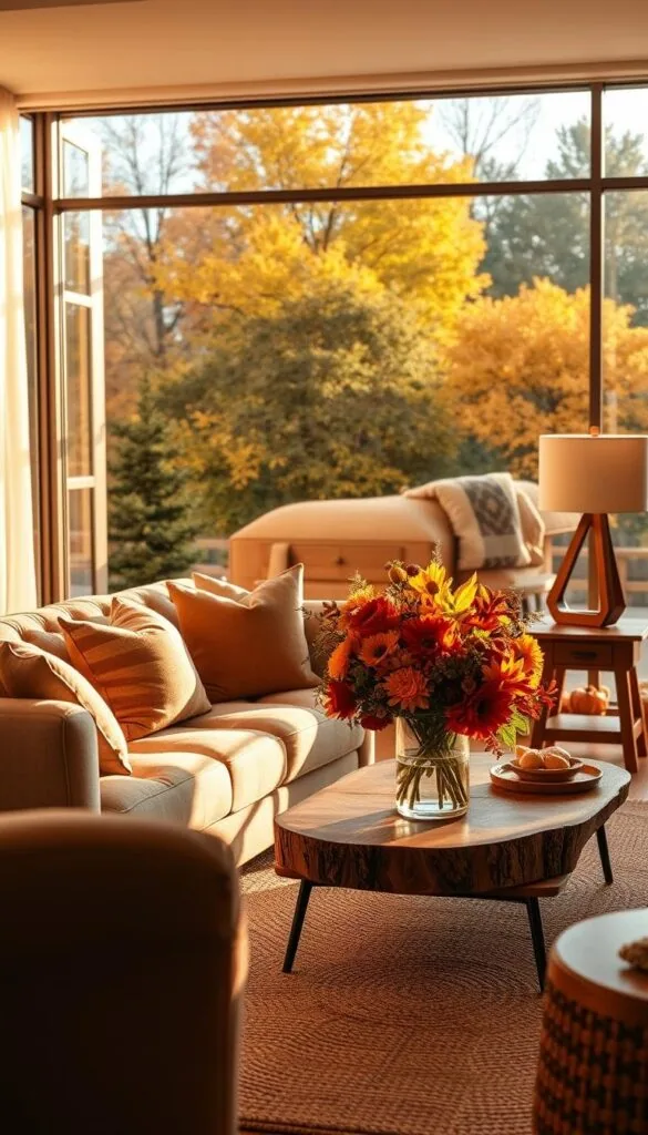 A cozy living room in an autumn-inspired home decor, with a large picture window overlooking a lush outdoor scene. The room is bathed in warm, golden lighting, creating a serene and inviting atmosphere. In the foreground, a plush, tufted sofa is adorned with plush throw pillows in earthy tones. On the coffee table, a beautiful bouquet of freshly cut flowers in seasonal hues of orange, red, and yellow adds a natural, vibrant touch. Wooden accents, such as a rustic side table and a chic, angular lamp, complement the overall aesthetic. The middle ground features a soft, woven area rug that ties the space together, while the background showcases a picturesque view of the changing leaves outside, captured through the large, panoramic window.