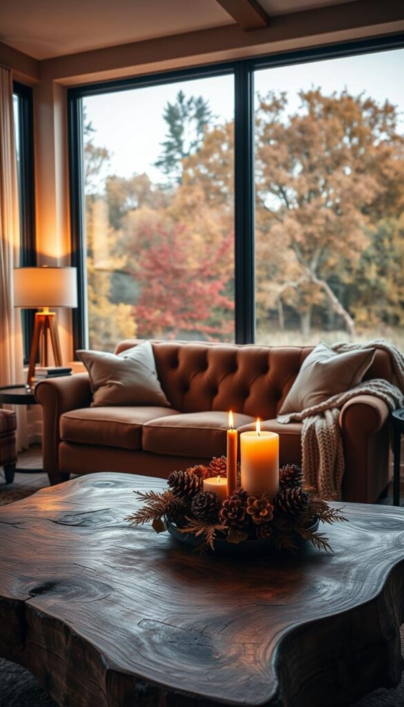 A cozy living room in autumn, with a warm, inviting atmosphere. In the foreground, a rustic wooden coffee table is adorned with a centerpiece of seasonal foliage, pinecones, and candles, casting a soft, flickering glow. The middle ground features a plush, tufted sofa in a rich, earthy tone, surrounded by plush throw pillows and a cozy knitted blanket. In the background, a large window offers a view of a lush, autumnal landscape, with trees in shades of gold, orange, and crimson. The lighting is a mix of natural daylight and the warm glow of table lamps, creating a harmonious blend of modern and natural elements.