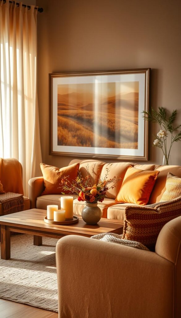 A cozy living room in warm, inviting tones. Soft lighting filters through sheer curtains, casting a gentle glow over a plush, earth-toned sofa and armchair. On a wooden coffee table, a cluster of decorative candles and a vase of seasonal flowers add pops of autumnal hues. In the background, a large, framed landscape painting in golden and ochre tones complements the room's palette. Soft, textured throws and pillows in shades of rust and amber invite relaxation. The atmosphere is one of comfort and tranquility, perfect for enjoying the changing seasons. A cozy living room in warm, inviting tones. Soft lighting filters through sheer curtains, casting a gentle glow over a plush, earth-toned sofa and armchair. On a wooden coffee table, a cluster of decorative candles and a vase of seasonal flowers add pops of autumnal hues. In the background, a large, framed landscape painting in golden and ochre tones complements the room's palette. Soft, textured throws and pillows in shades of rust and amber invite relaxation. The atmosphere is one of comfort and tranquility, perfect for enjoying the changing seasons.